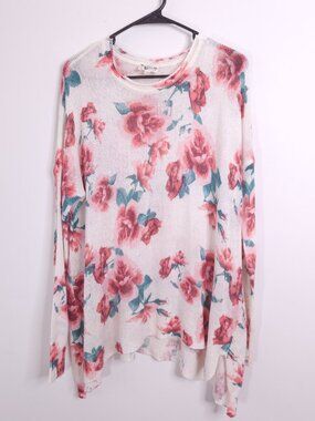 SMYM Bonfire Sweater in Romantic Ivory Pink Rose Print Crew Neck Lightweight L